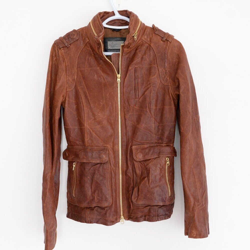 Mackage Brown 100% Leather Designer Zip Up Flap Pocket Hood Biker Jacket XXS